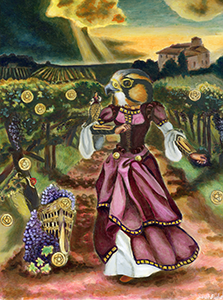 Fantasy Art Painting titled Nine of Pentacles.  Click on the image to see a full frame image and a more extensive description